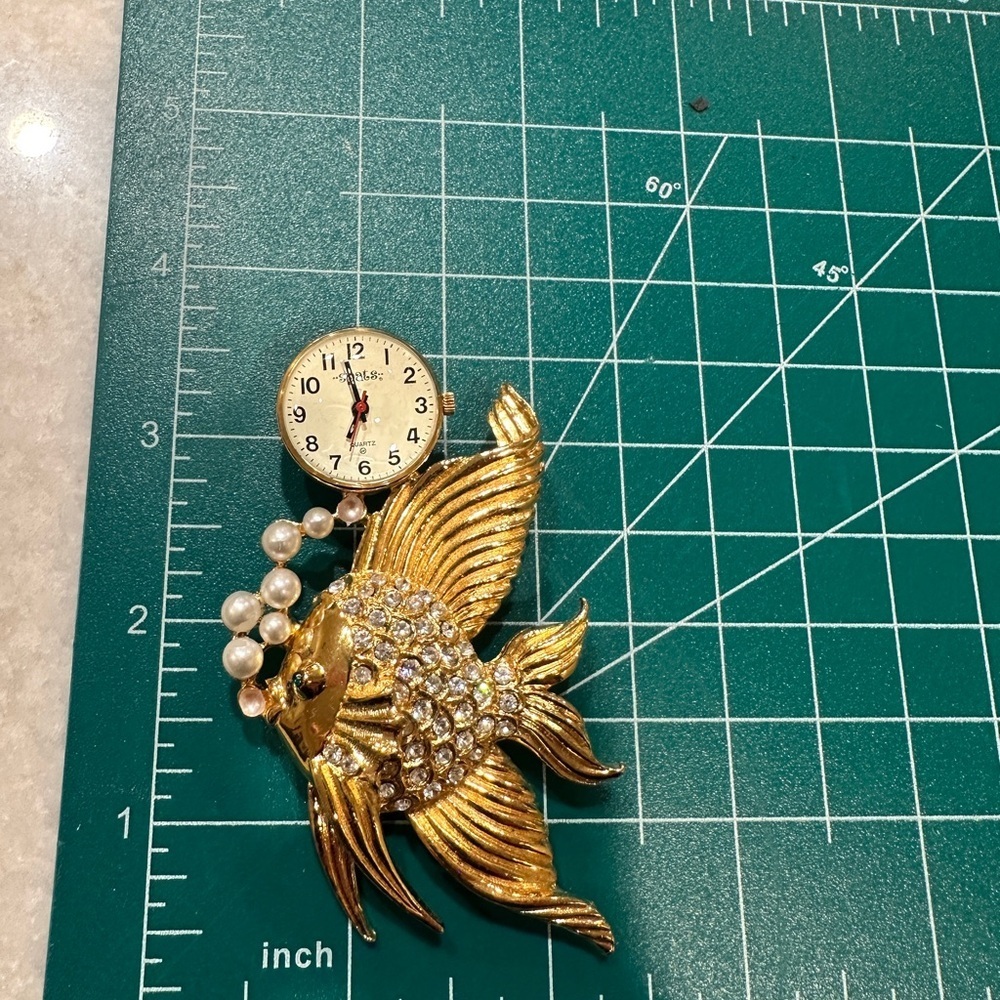 Gold Fish Brooch with Clock and Pearls